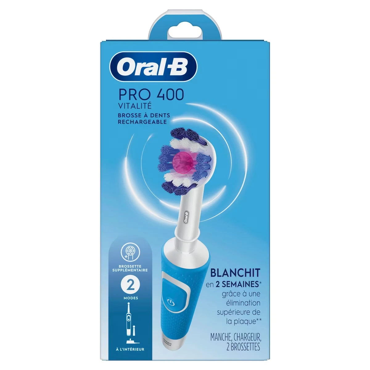 Brosse à dents électrique Oral-B Pro 400 3D White Vitality avec (2) brossettes, rechargeable, bleu