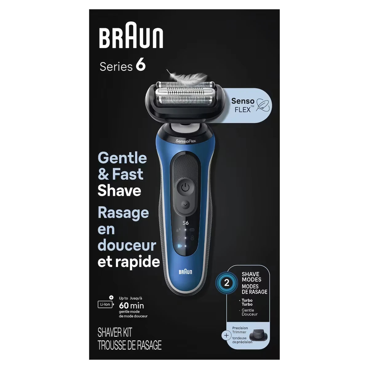 Rasoir électrique pour hommes, Series 6 6120s, rasage sur peau sèche et mouillée, modes Turbo et rasage en douceur, rasoir à grille, conçu en Allemagne, avec tondeuse de précision et étui, bleu