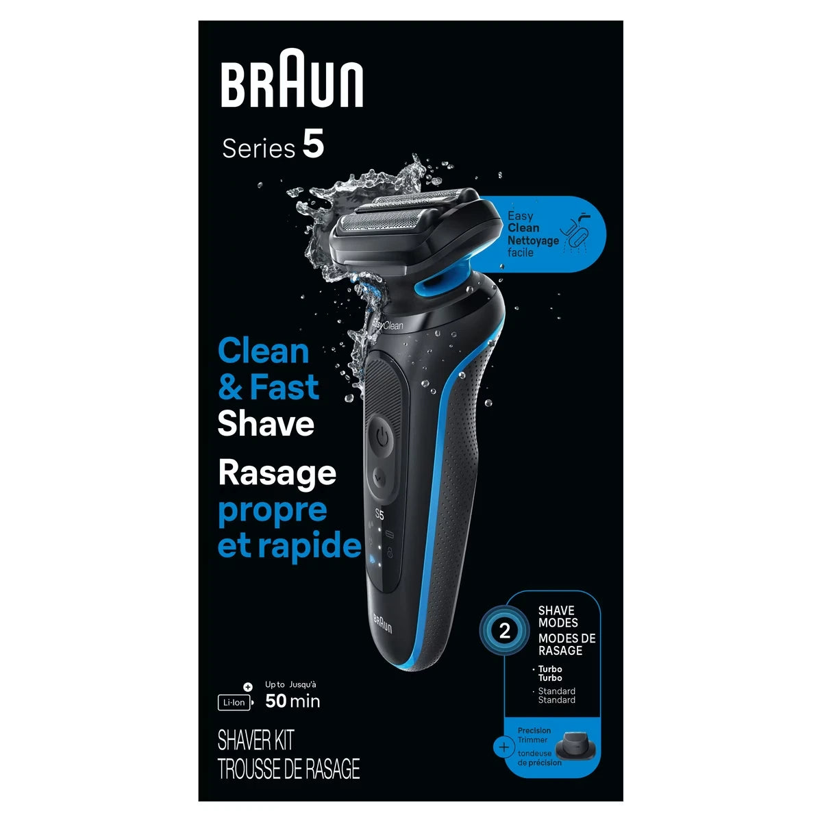 Rasoir électrique pour hommes Braun, Series 5 5118s, rasage sur peau sèche et mouillée, mode de rasage Turbo, rasoir à grille, conçu en Allemagne, pile Li-Ion jusqu’à 50 minutes, avec tondeuse de précision, bleu