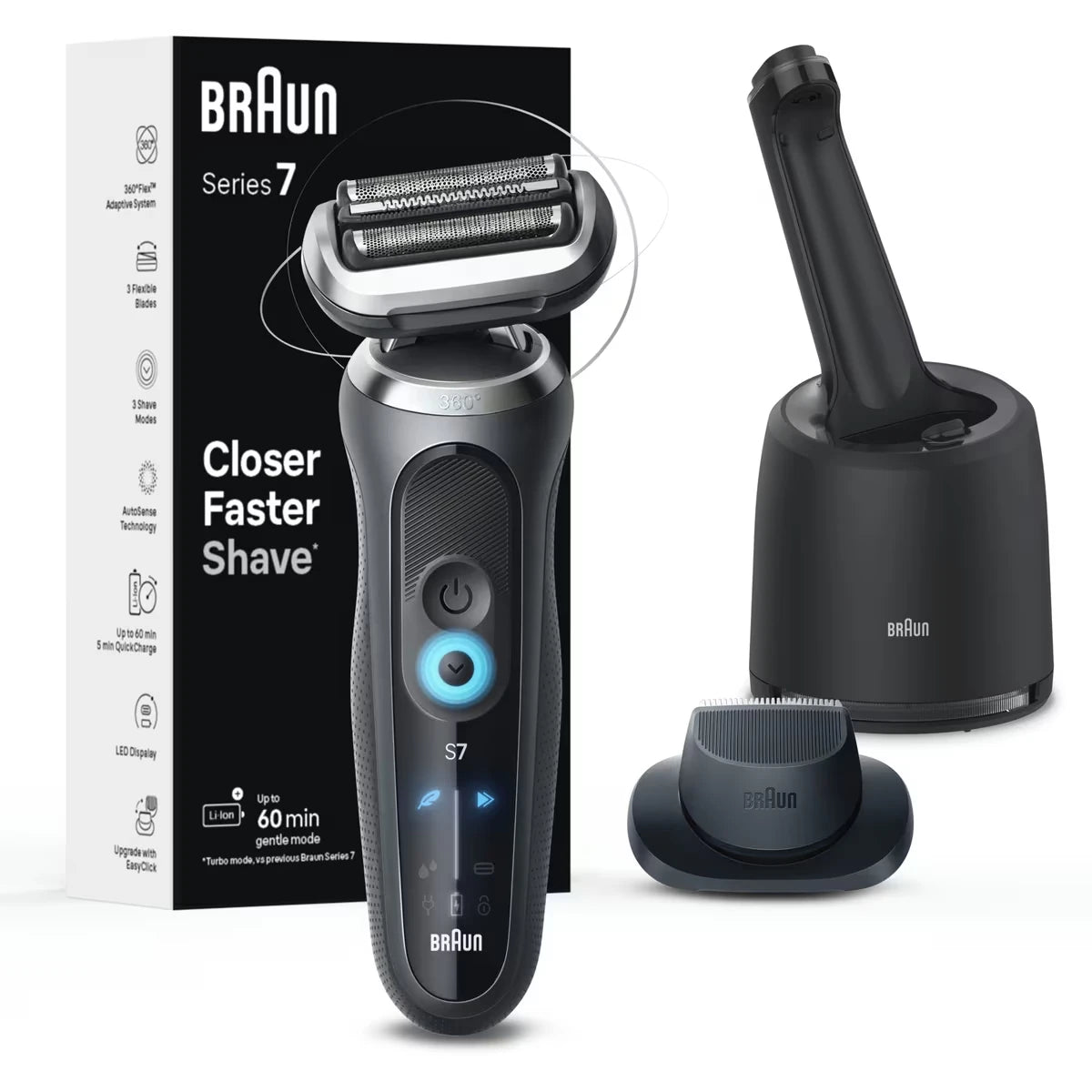 Rasoir électrique Braun pour hommes, Series 7 7171cc, peau sèche & mouillée, modes de rasage turbo et en douceur, rasoir à grille étanche, conçu en Allemagne, centre SmartCare Clean & Charge, inclus, avec tondeuse de précision, gris cosmique