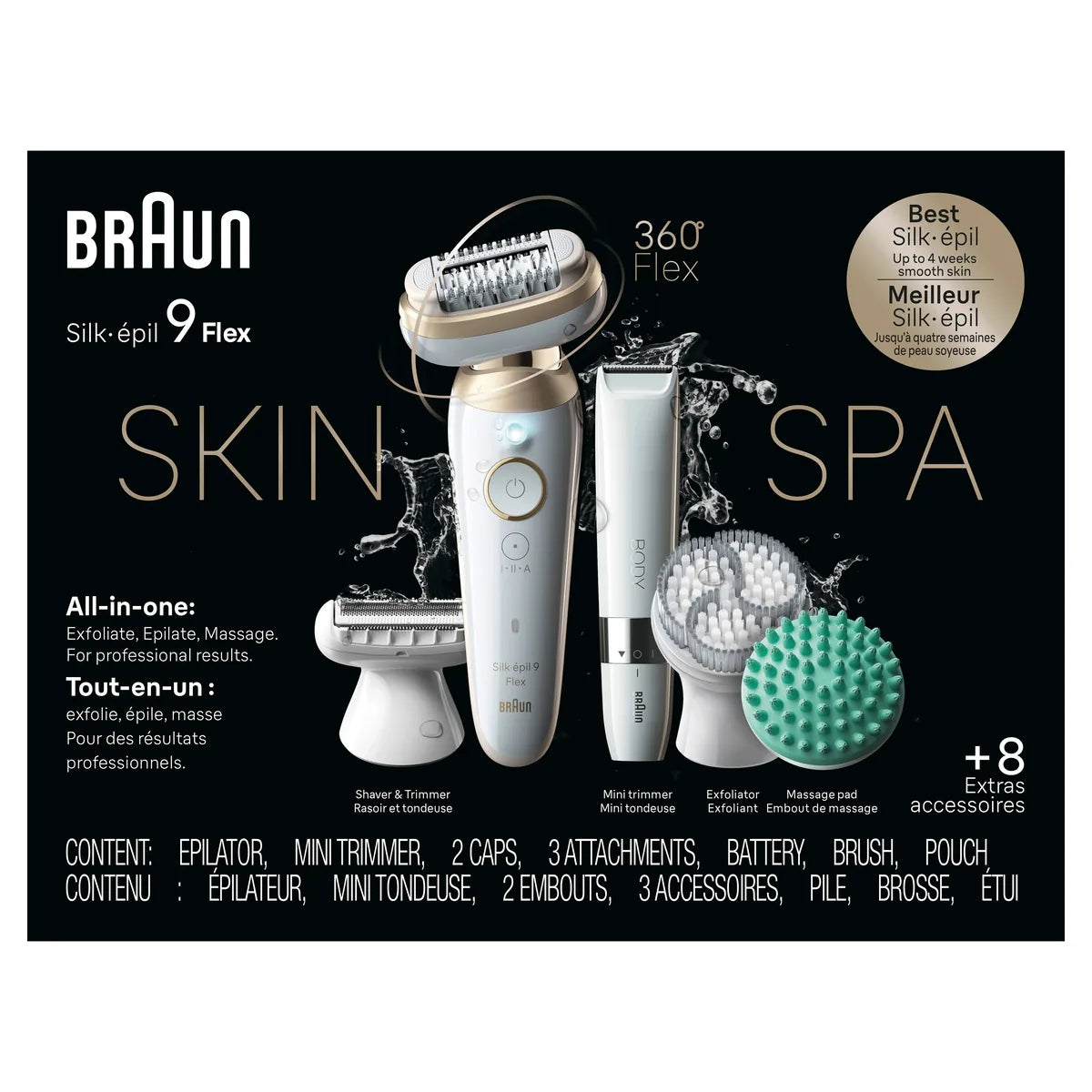 Épilateur Silk-épil&nbsp;9 Flex SkinSpa de, 360&nbsp;Flex et tête pivotante, peau sèche et mouillée, comprend une tête de rasoir, un accessoire tondeuse, un embout de massage, une brosse exfoliante et une tondeuse pour le corps, SES9-481&nbsp;3D