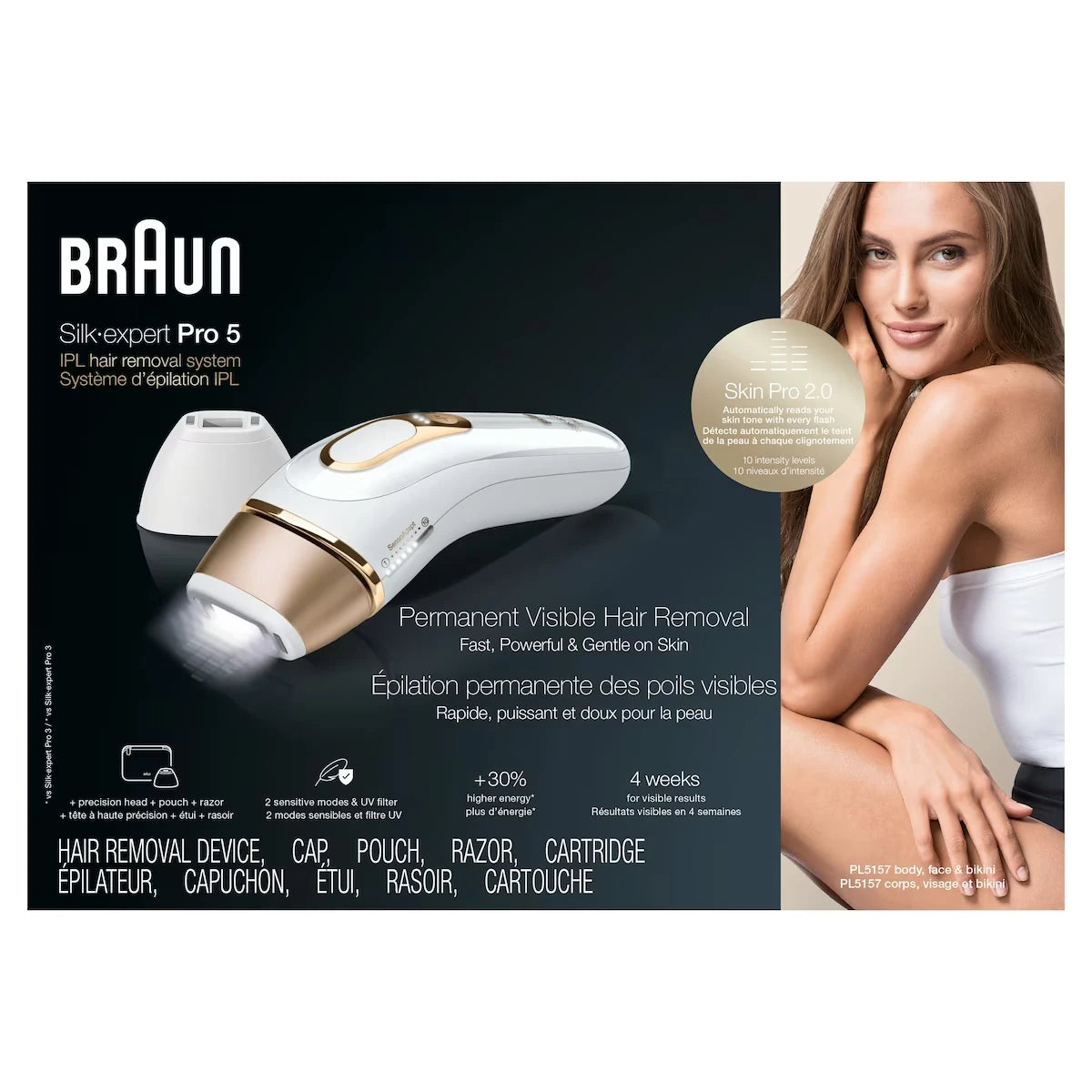 Système d’épilation à domicile Braun IPL Silk·expert Pro 5 PL5157 pour h et f, dernière génération, blanc et or, étui souple, tête haute précision