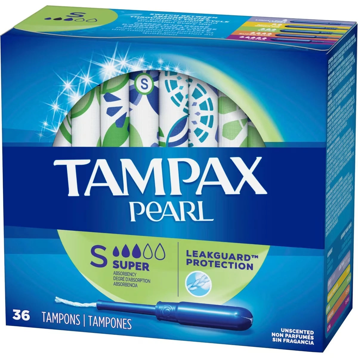 Tampons Pearl avec tresse anti-fuites LeakGuard et applicateur en plastique sans BPA, degré d’absorption super, non parfumés, 36 tampons