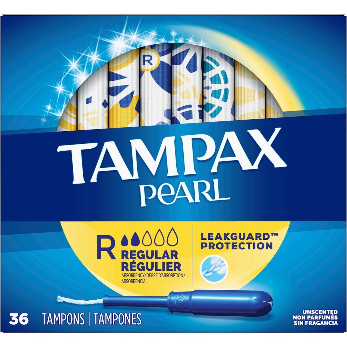 Tampons Pearl avec tresse anti-fuites LeakGuard et applicateur en plastique sans BPA, degré d’absorption régulier, non parfumés, 36 tampon