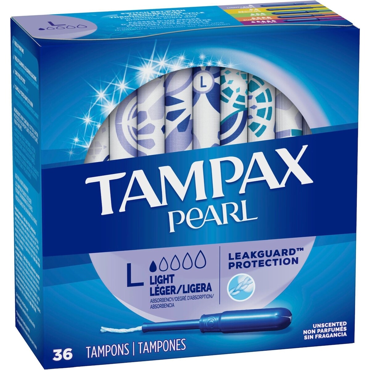 Tampons Pearl avec tresse anti-fuites LeakGuard et applicateur en plastique sans BPA, degré d’absorption léger, non parfumés, 36 tampons
