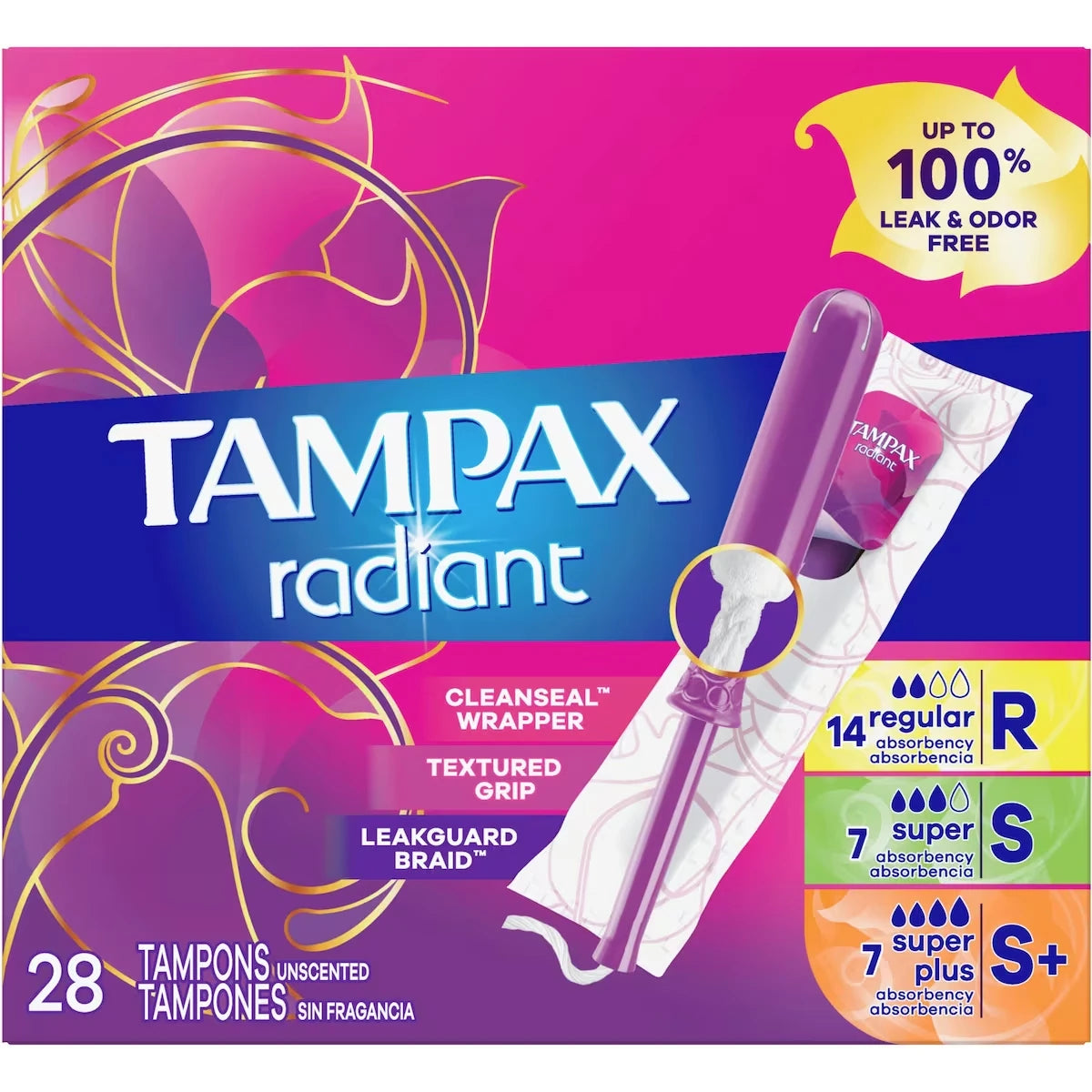 Radiant Lot de 28 tampons à absorption régulière/Super/Plus, non parfumés