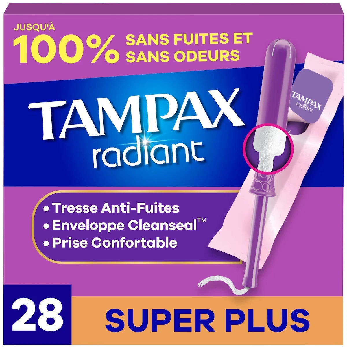 Tampons Tampax Radiant avec tresse anti-fuites LeakGuard, degré d’absorption super plus, non parfumés