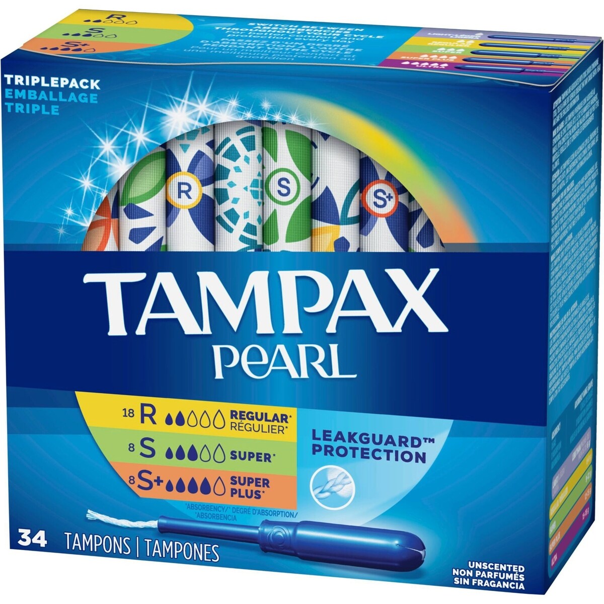 Tampons Pearl avec tresse anti-fuites LeakGuard, emballage triple, degré d’absorption régulier/super/super plus, non parfumés, 34 tampons