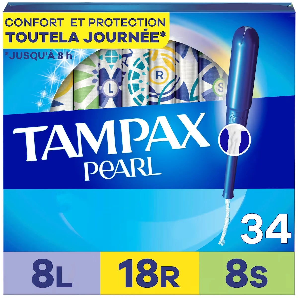 Tampons Pearl, tresse LeakGuard, applicateur en plastique sans BPA, emballage triple, absorption léger/régulier/super, np, 34 u