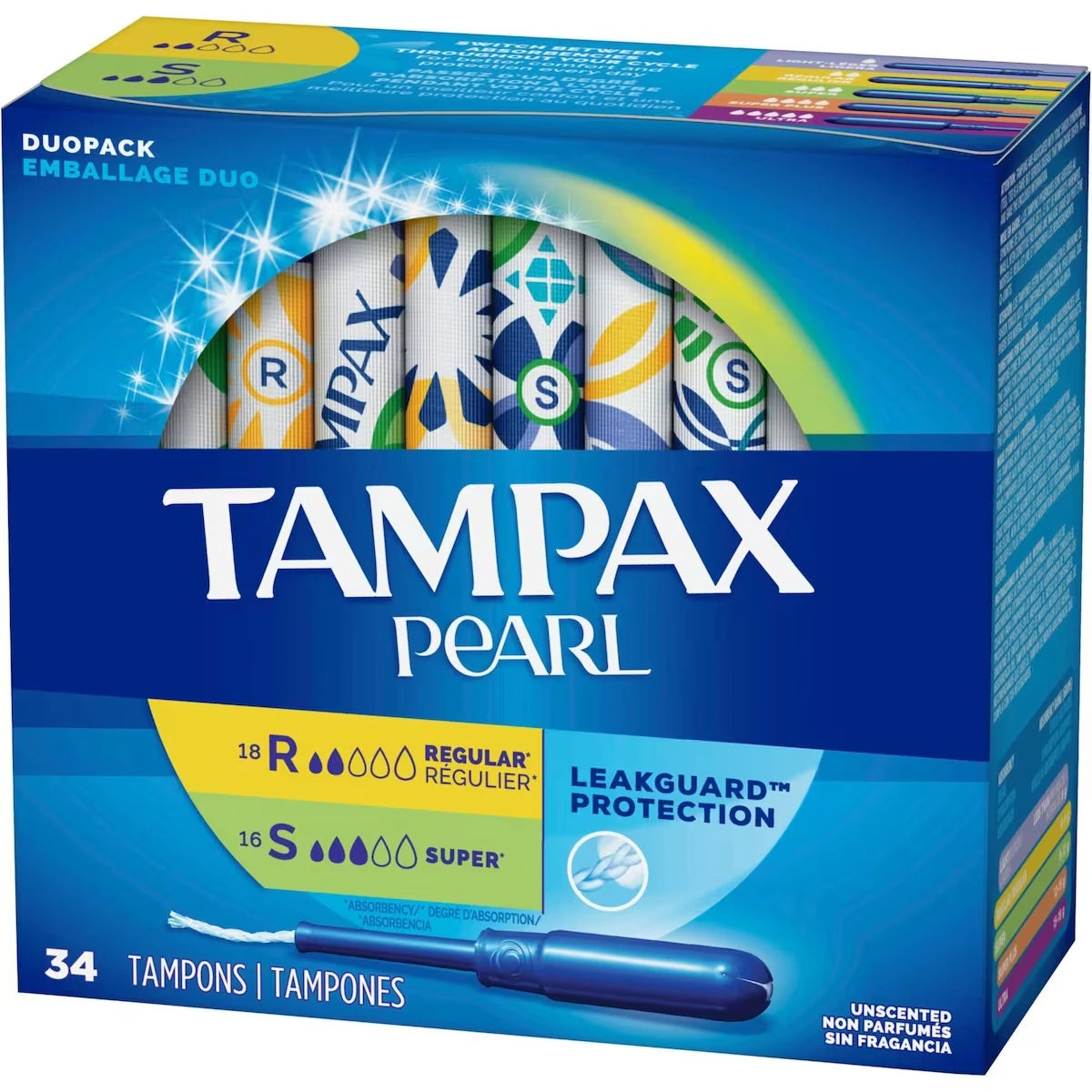 Tampons Pearl avec tresse anti-fuites LeakGuard, emballage duo, degré d’absorption régulier/super, non parfumés, 34 tampons