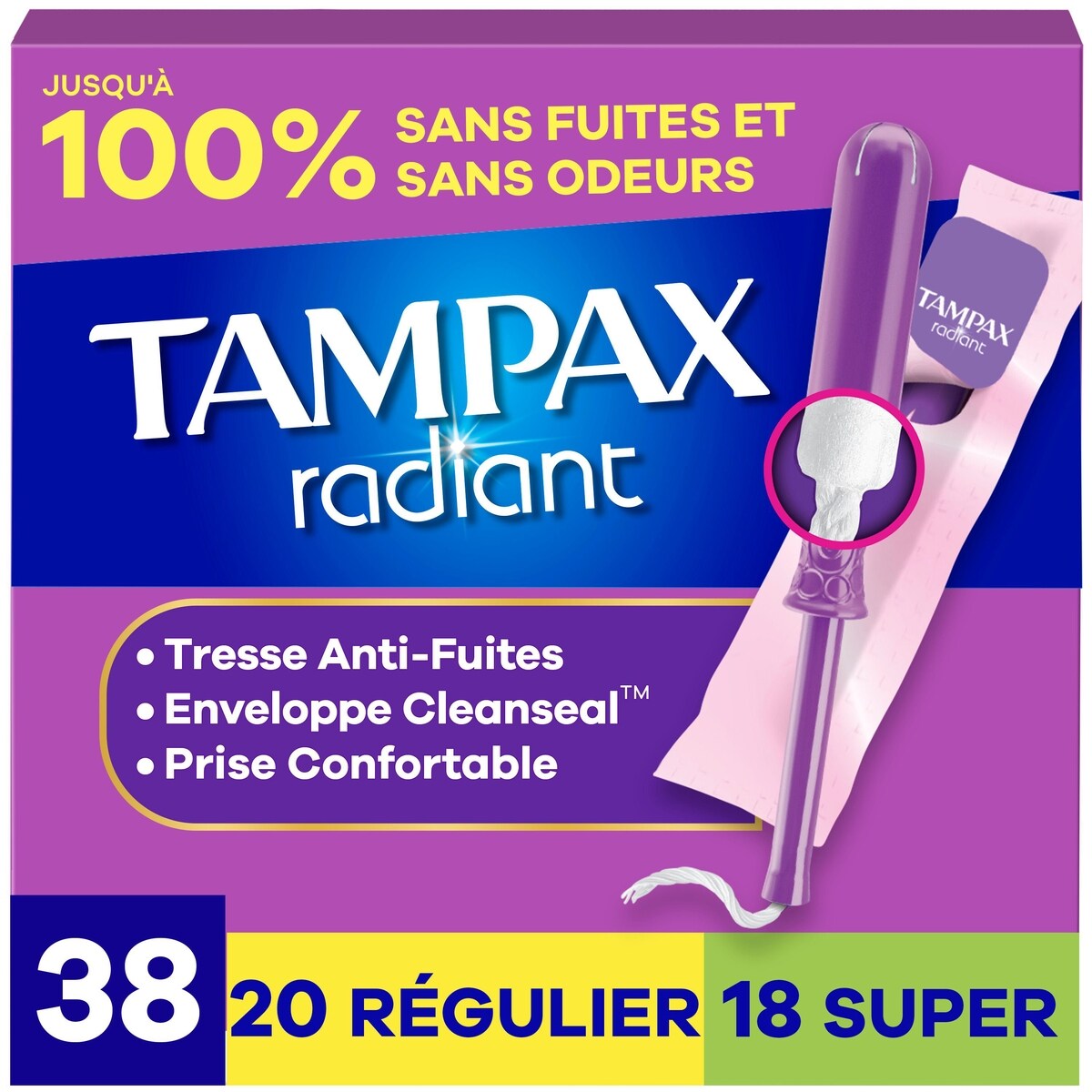 Tampons Radiant avec tresse anti-fuites LeakGuard, degré d’absorption régulier/super, emballage duo, non parfumés