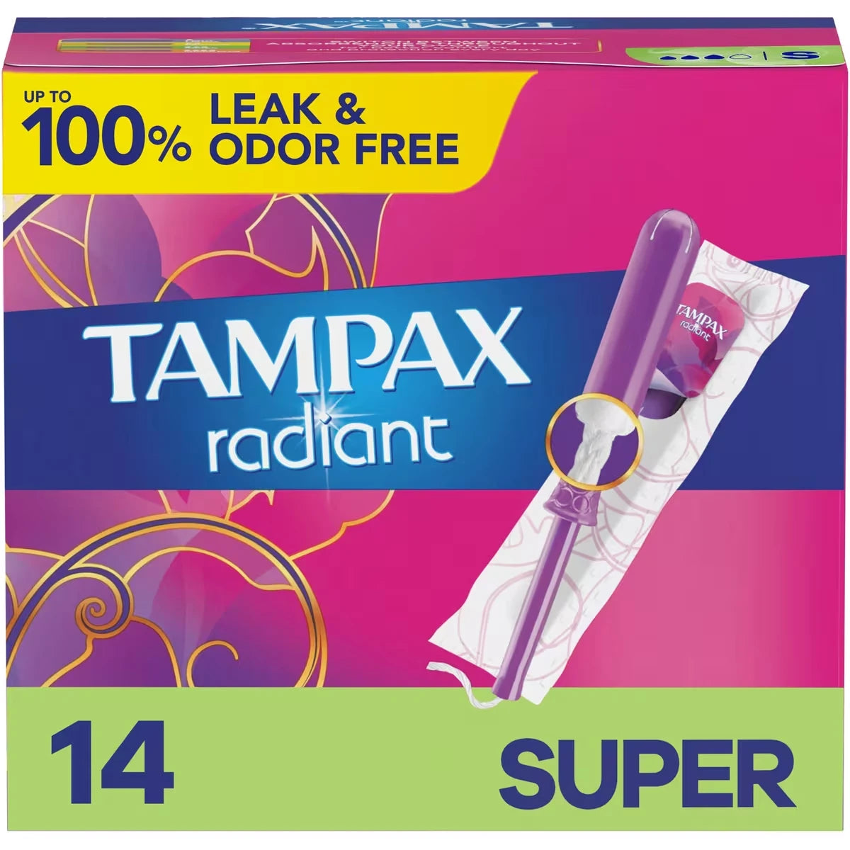 Tampons Radiant avec tresse anti-fuites LeakGuard, degré d’absorption super, non parfumés