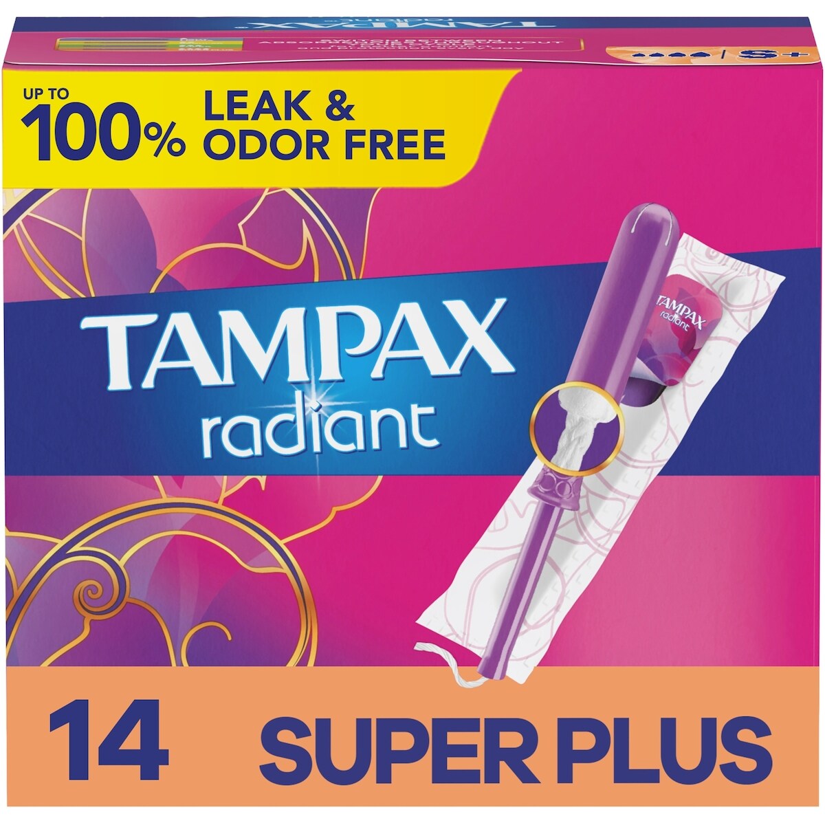 Tampons Tampax Radiant avec tresse anti-fuites LeakGuard, degré d’absorption super plus, non parfumés