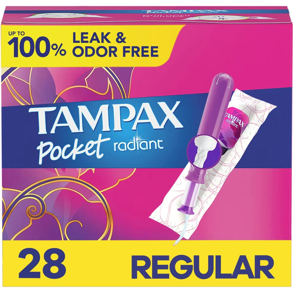 Tampons Pocket Radiant compacts avec tresse anti-fuites LeakGuard et applicateur en plastique sans BPA, régulier, non parfumés