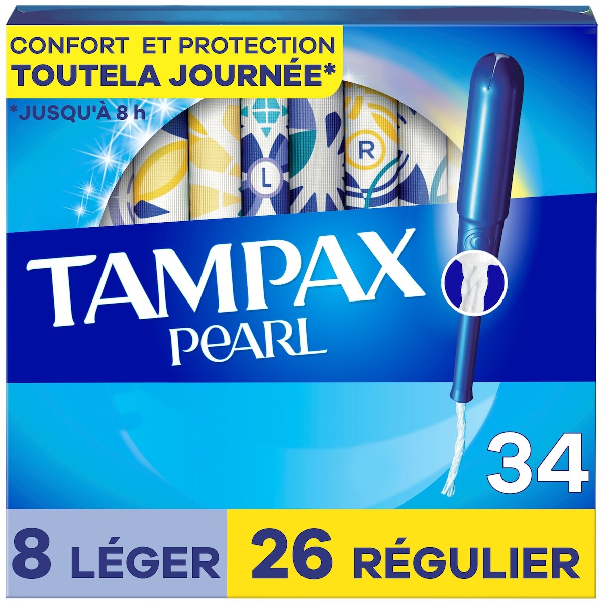 Tampons Pearl avec tresse anti-fuites LeakGuard, emballage duo, degré d’absorption léger/régulier, non parfumés, 34 tampons