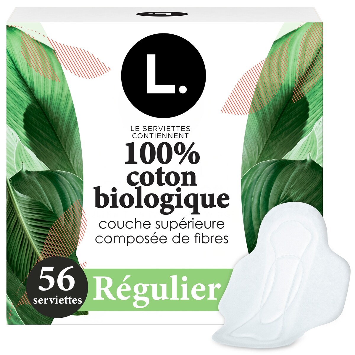 Serviettes menstruelles ultraminces pour femmes, degré d’absorption régulier, voile supérieur en coton biologique, avec ailes, 56&nbsp;U