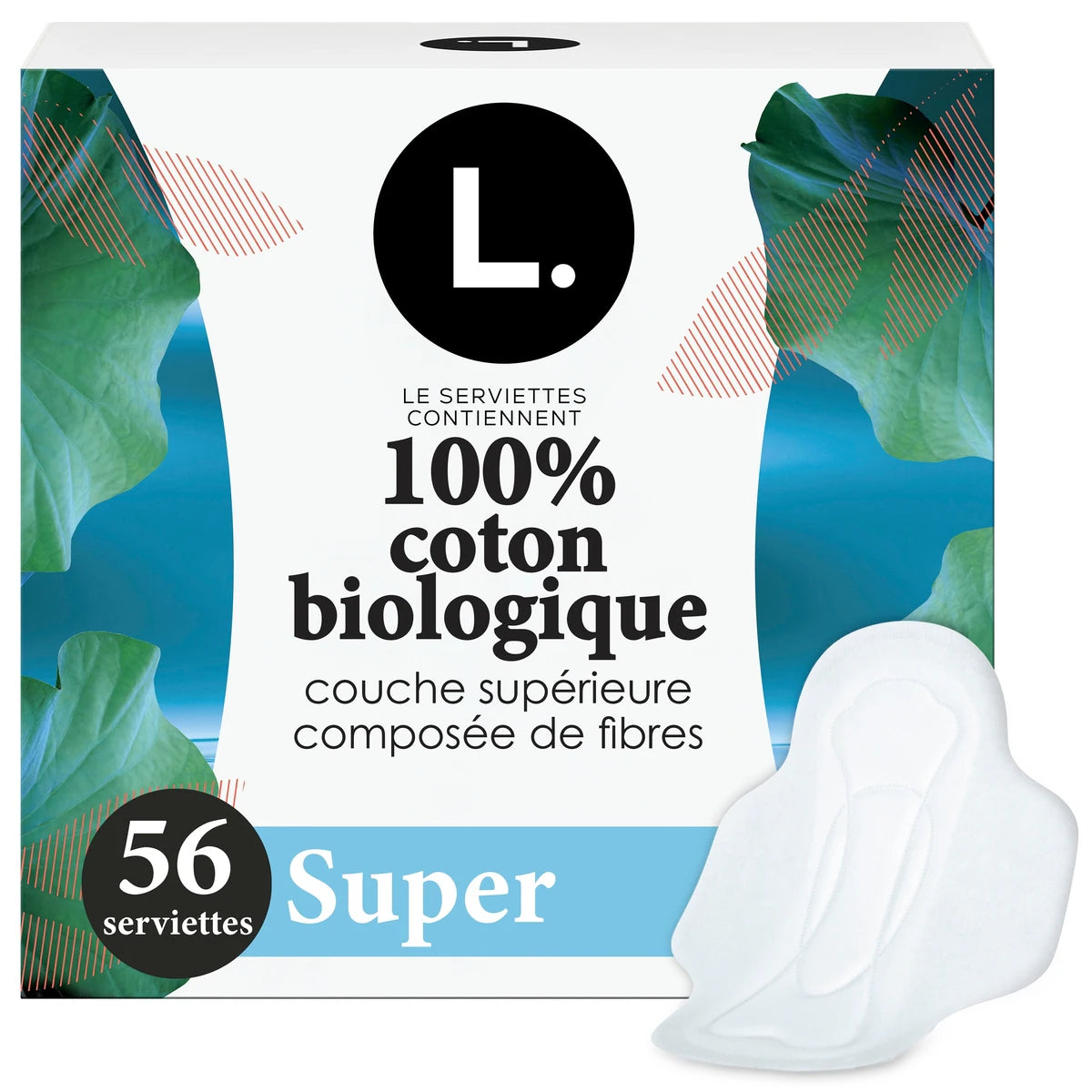 Serviettes menstruelles ultraminces pour femmes, degré d’absorption super, voile supérieur en coton biologique, avec ailes, 56&nbsp;U