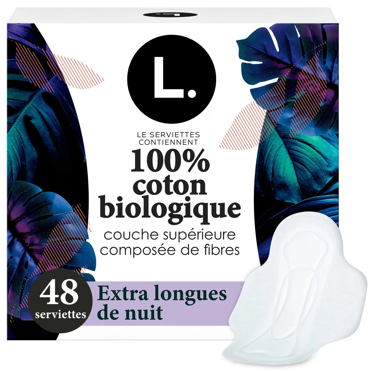 Serviettes menstruelles ultraminces pour femmes, extra longues, degré d’absorption de nuit, voile supérieur en coton biologique, avec ailes, 48&nbsp;U