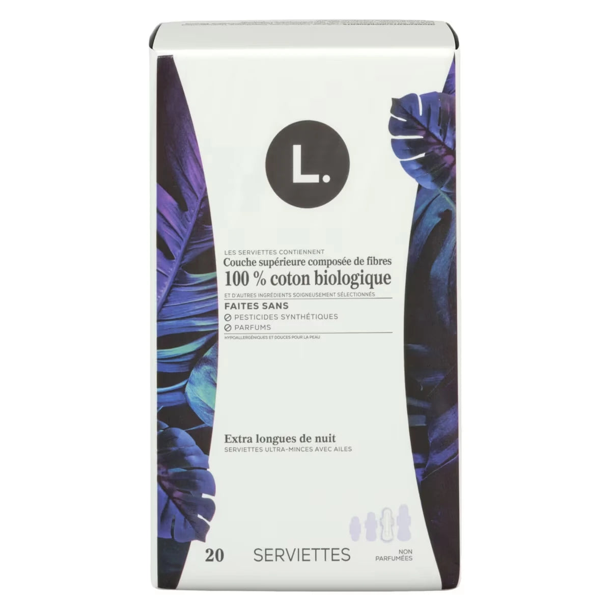 Serviettes menstruelles ultraminces pour femmes, extra longues, degré d’absorption de nuit, voile supérieur en coton biologique, avec ailes, 20&nbsp;U