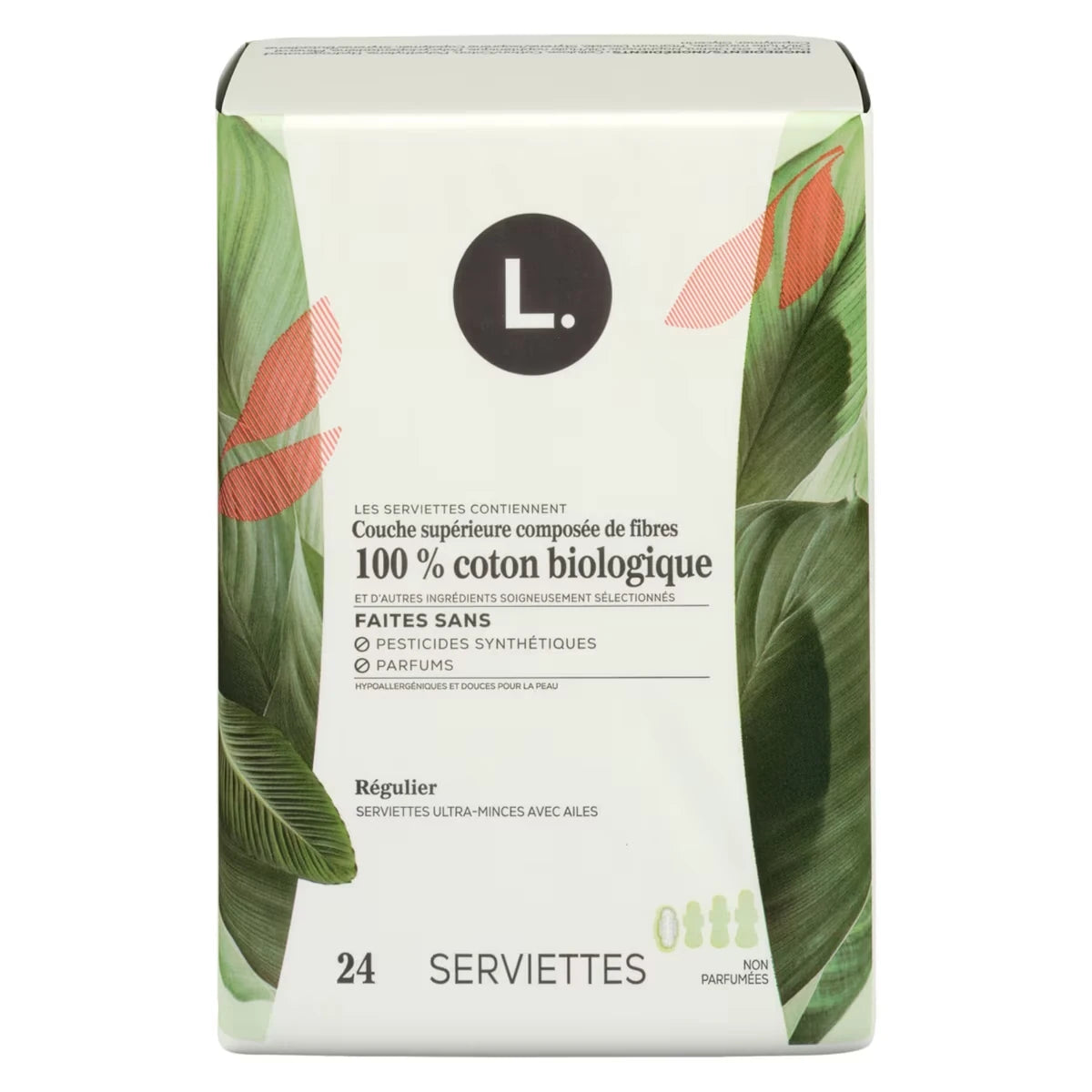 Serviettes menstruelles ultraminces pour femmes, degré d’absorption régulier, voile supérieur en coton biologique, avec ailes, 24&nbsp;U