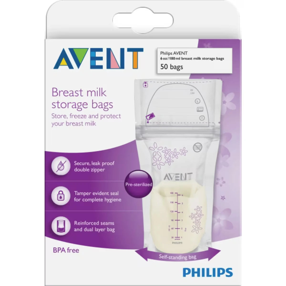 Sacs de conservation du lait maternel Philips, 50 unités, 6 oz/180 ml, SCF603/50