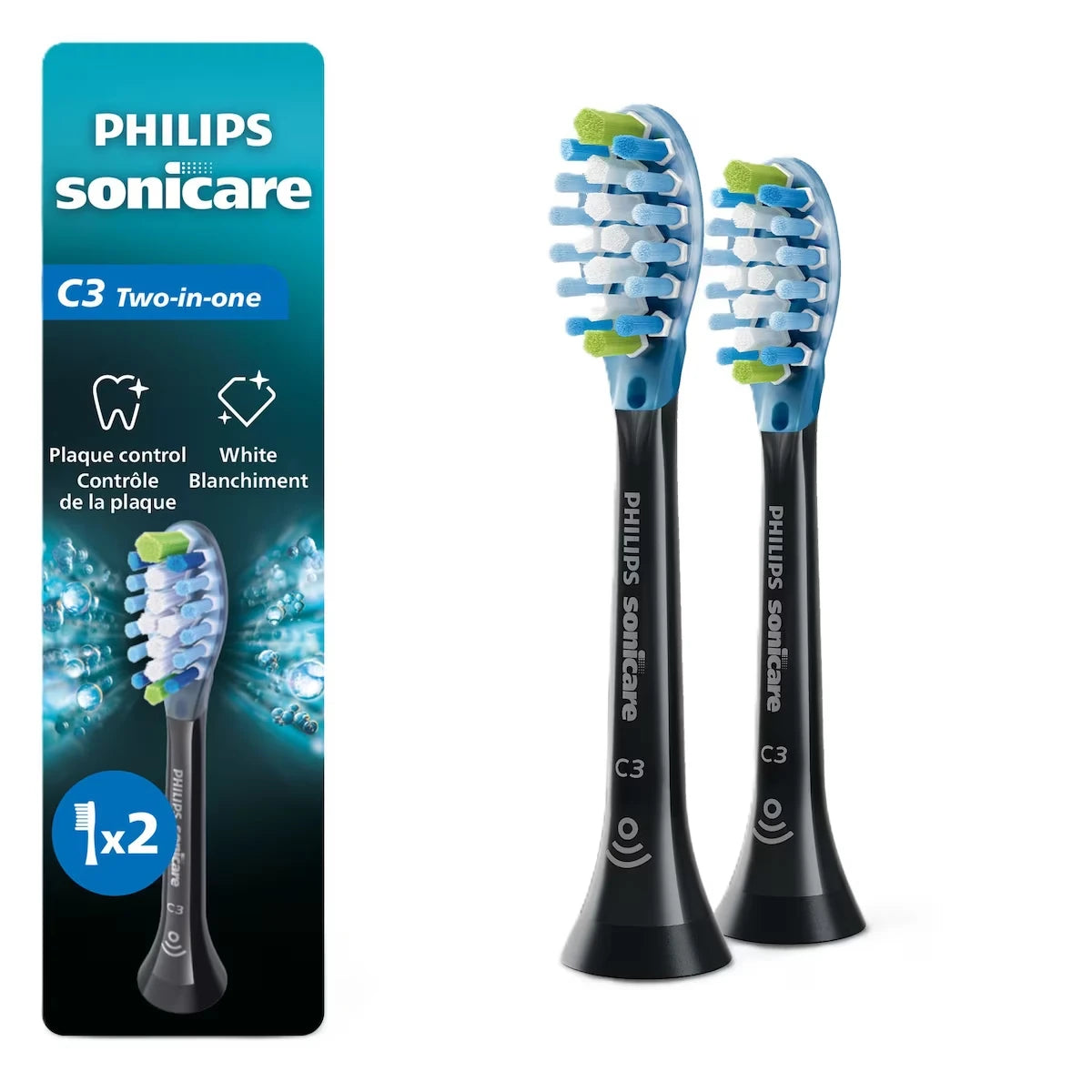 Têtes de brosse de rechange pour contrôle de la plaque Philips Sonicare Premium avec puce RFID, noir, emballage de 2, HX9042/95