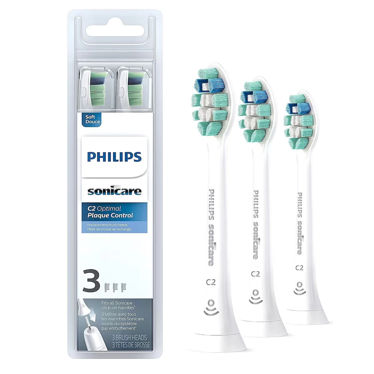 Têtes de brosse de rechange Philips Sonicare Optimal Plaque Control, blanc, emballage de 3, HX9023/92