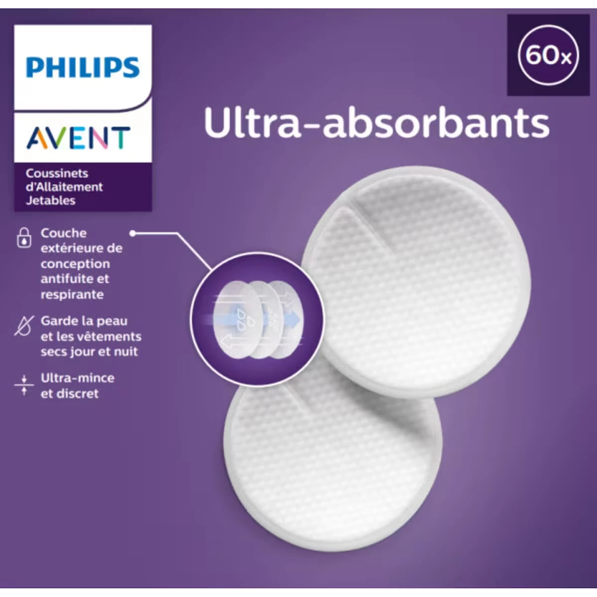 Coussinets d’allaitement jetables confort optimal, emballage de 60, SCF254/61