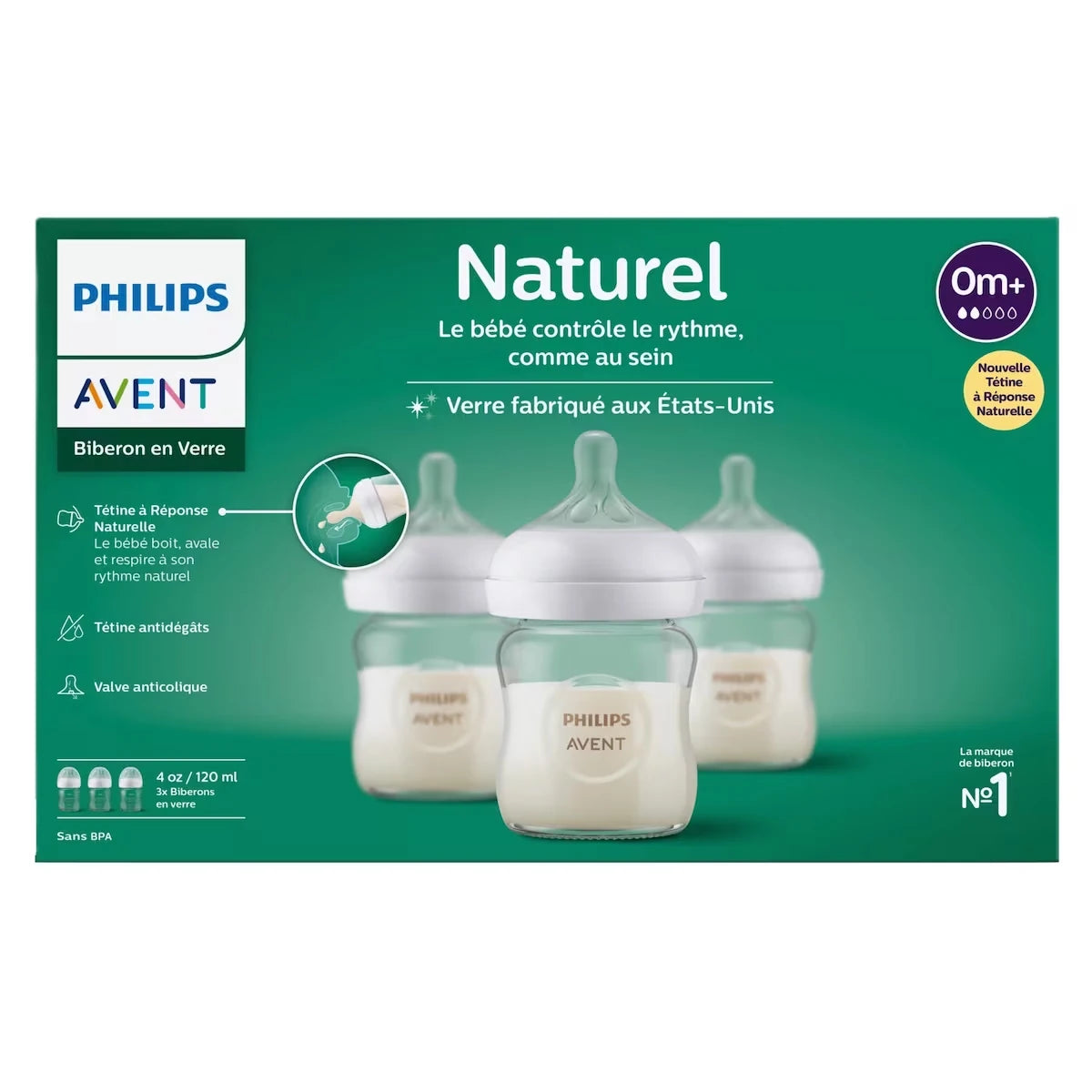Biberon en Verre Natural avec Tétine Natural Response, 4oz, 3pk