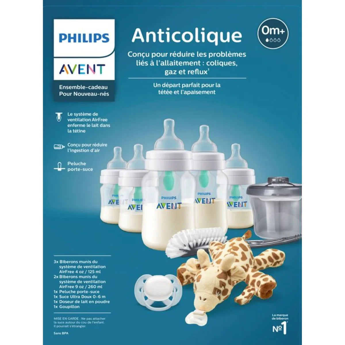 Biberon anti-colique Avent avec évent AirFree Set cadeau nouveau-né avec Snuggle