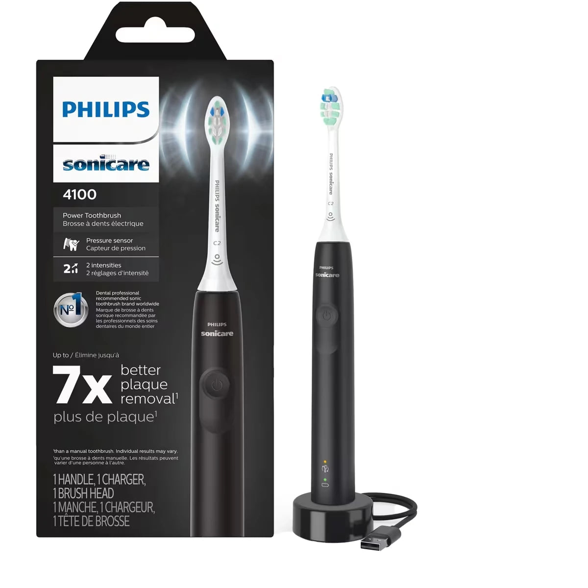 Brosse à dents électrique Philips Sonicare 4100, brosse à dents électrique rechargeable avec capteur de pression, noir
