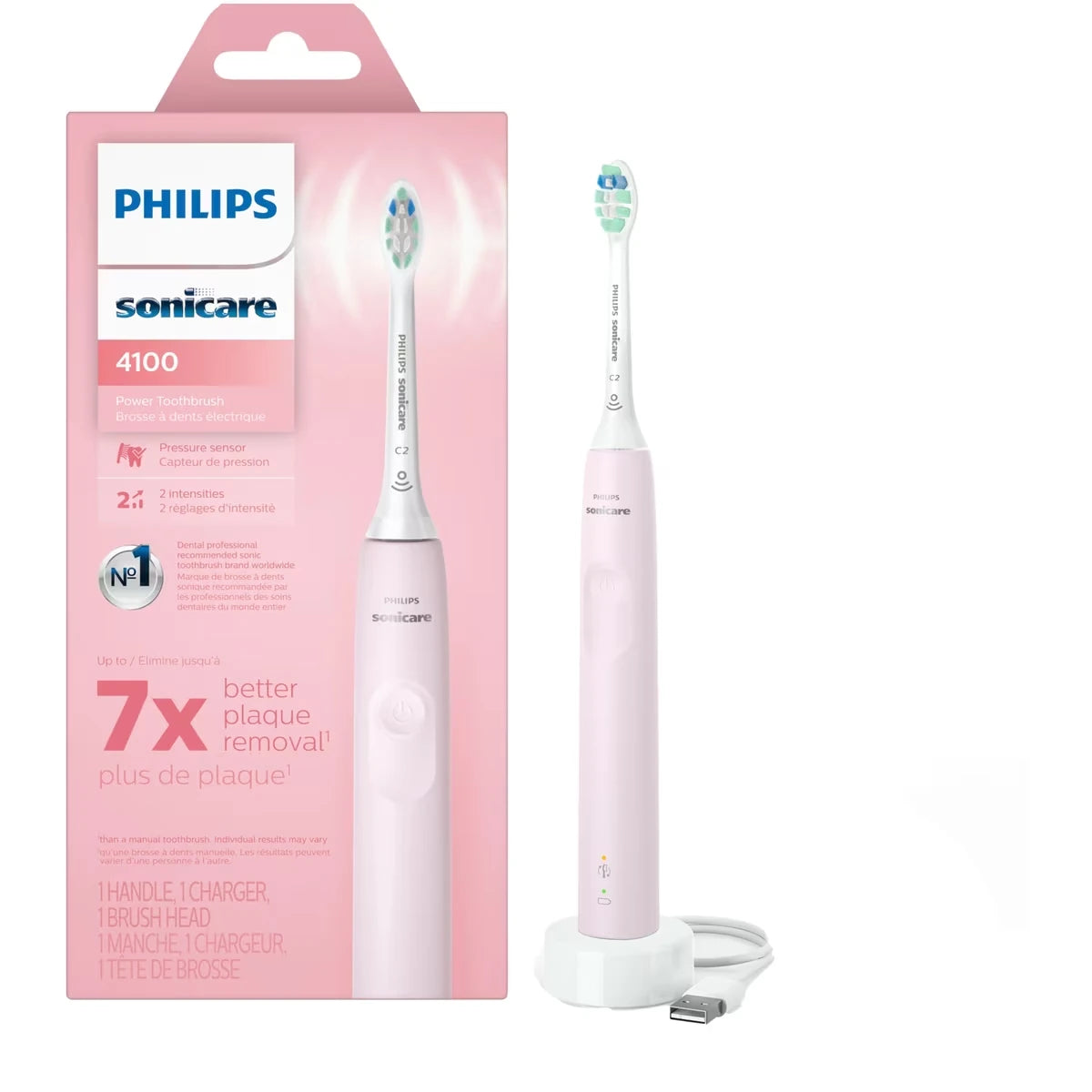 Brosse à dents électrique Philips Sonicare 4100, brosse à dents électrique rechargeable avec capteur de pression, rose sucré