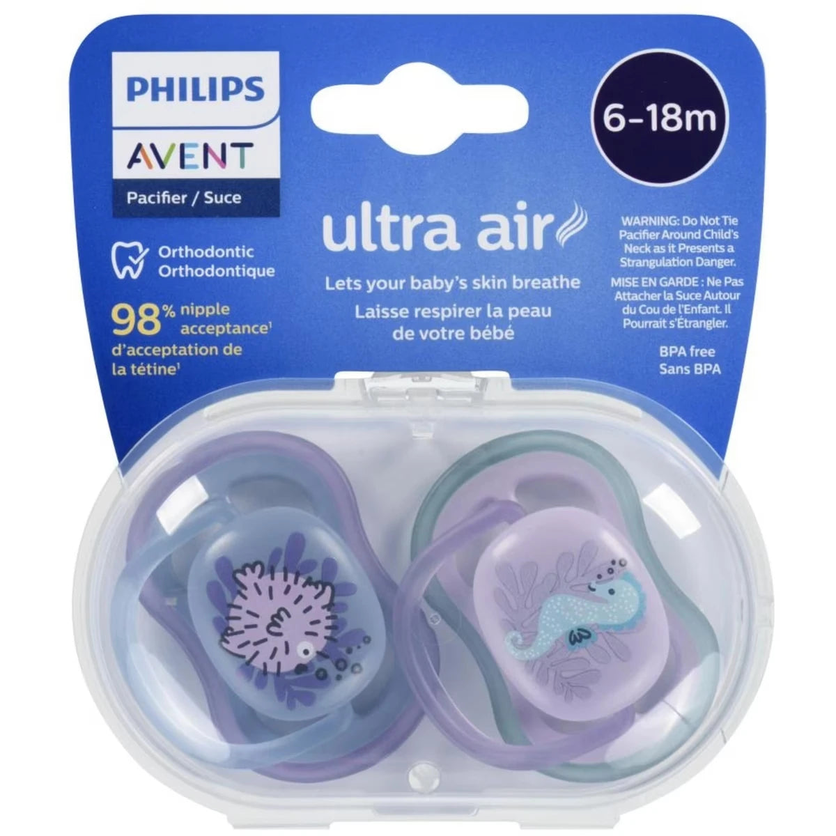 Suce ultra-aérée Philips Avent pour bébés de 6 à 18 mois, motifs poisson et hippocampe, coloris rose et bleu, SCF085/61