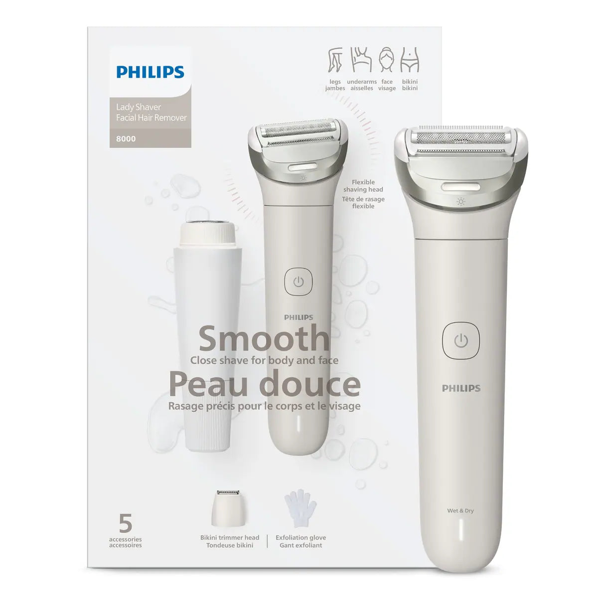 Rechargeable rasoir électrique sans fil pour femmes Philips Lady Shaver Series 6000, pour peau sèche ou humide, 4 accessoires, BRL136/00