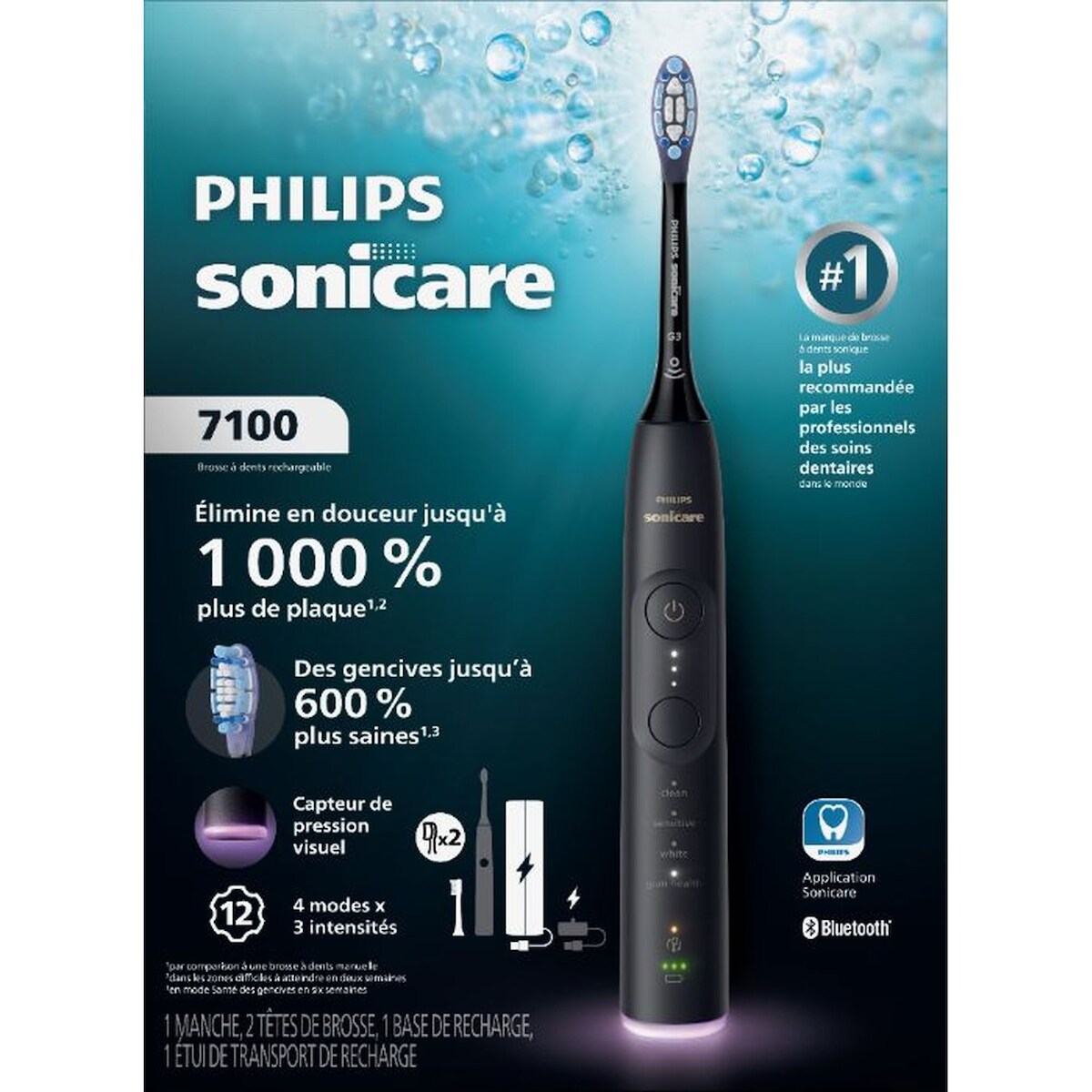 Brosse à dents électrique Philips Sonicare série 7100 – Technologie Sonicare de nouvelle génération, capteur de pression, 12 réglages de brossage, SmarTimer, BrushPacer, 21 jours d’autonomie, étui, noir, HX7421/06