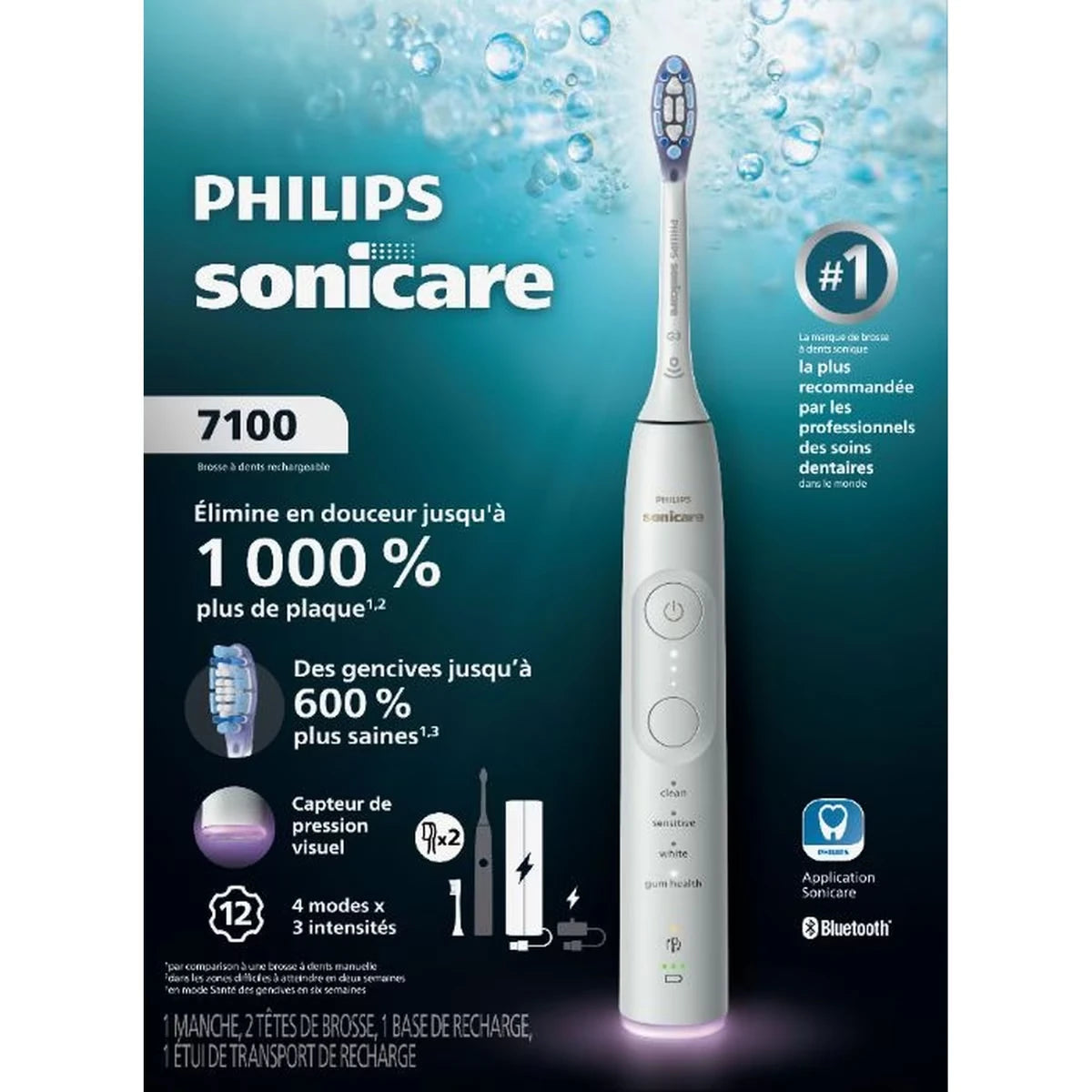 Brosse à dents électrique Philips Sonicare série 7100 – Technologie Sonicare de nouvelle génération, capteur de pression, 12 réglages de brossage, SmarTimer, BrushPacer, 21 jours d’autonomie, étui, blanc, HX7420/06