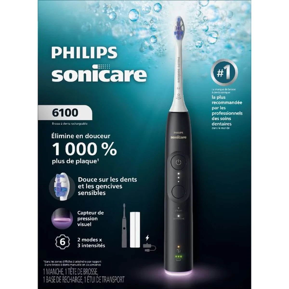 Brosse à dents électrique Philips Sonicare série 6100 – Technologie Sonicare de nouvelle génération, capteur de pression, 6 réglages de brossage, SmarTimer, BrushPacer, 21 jours d’autonomie, étui, noir, HX7401/06
