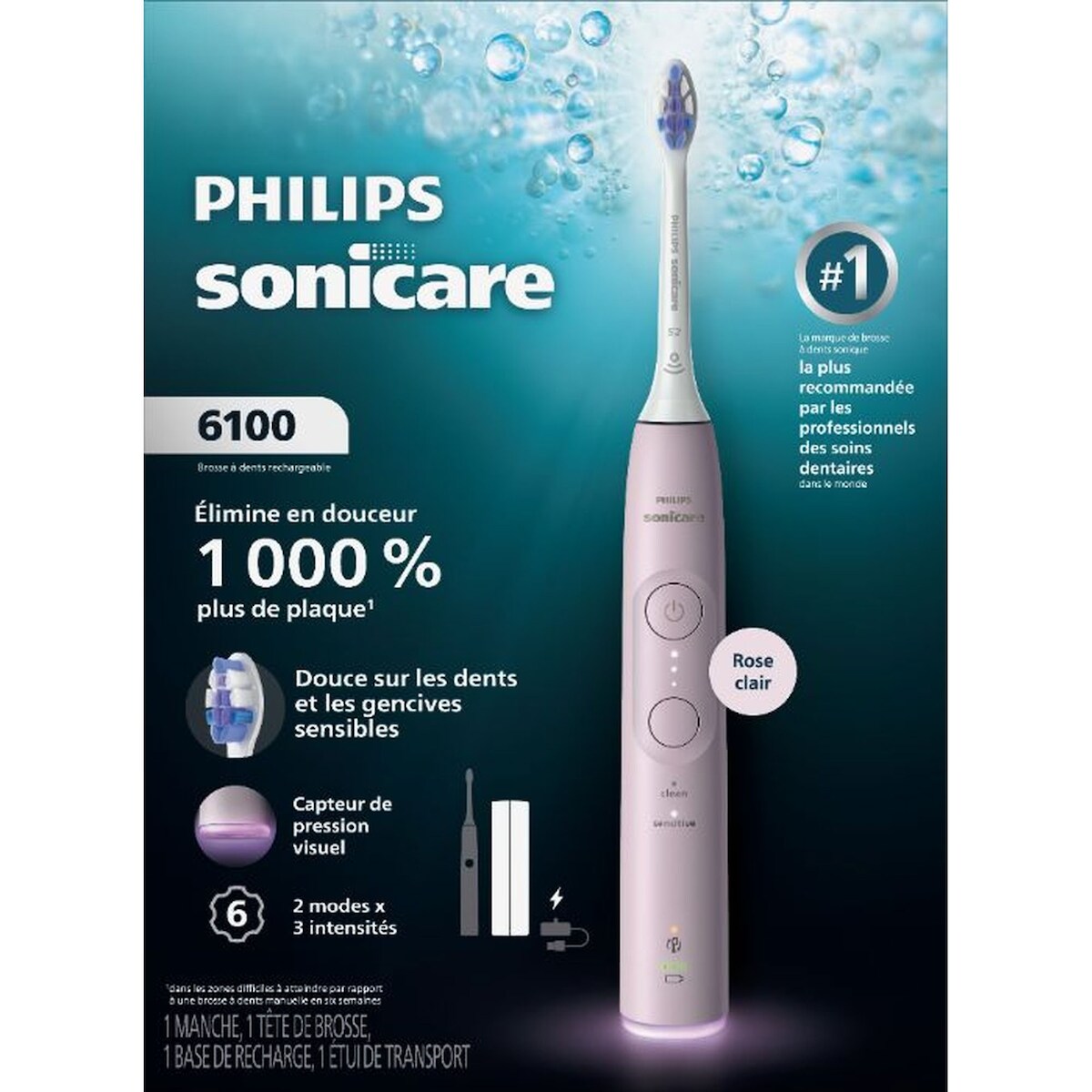 Brosse à dents électrique Philips Sonicare série 6100 – Technologie Sonicare de nouvelle génération, capteur de pression, 6 réglages de brossage, SmarTimer, BrushPacer, 21 jours d’autonomie, étui, rose, HX7402/02