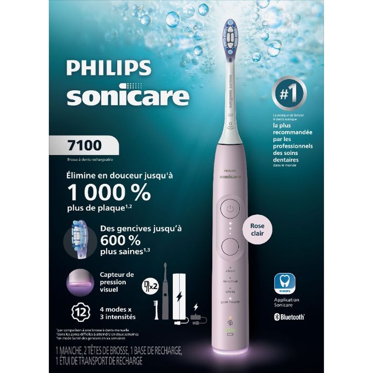 Brosse à dents électrique Philips Sonicare série 7100 – Technologie Sonicare de nouvelle génération, capteur de pression, 12 réglages de brossage, SmarTimer, BrushPacer, 21 jours d’autonomie, étui, rose, HX7422/03