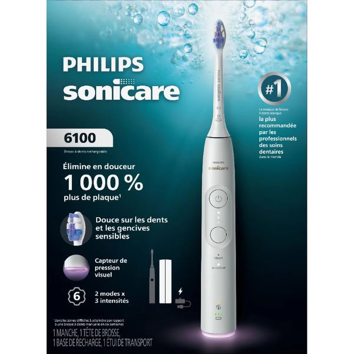 Brosse à dents électrique Philips Sonicare série 6100 – Technologie Sonicare de nouvelle génération, capteur de pression, 6 réglages de brossage, SmarTimer, BrushPacer, 21 jours d’autonomie, étui, blanc, HX7400/05