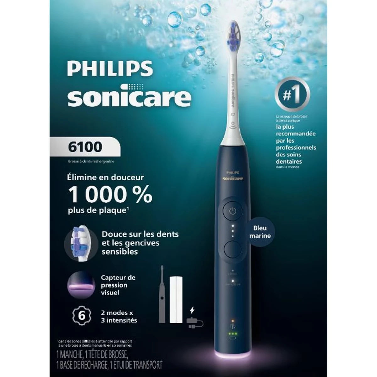 Brosse à dents électrique Philips Sonicare série 6100 – Technologie Sonicare de nouvelle génération, capteur de pression, 6 réglages de brossage, SmarTimer, BrushPacer, 21 jours d’autonomie, étui, bleu marine, HX7403/04