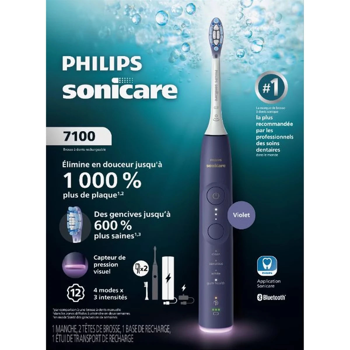 Brosse à dents électrique Philips Sonicare série 7100 – Technologie Sonicare de nouvelle génération, capteur de pression, 12 réglages de brossage, SmarTimer, BrushPacer, 21 jours d’autonomie, étui, violet, HX7427/01