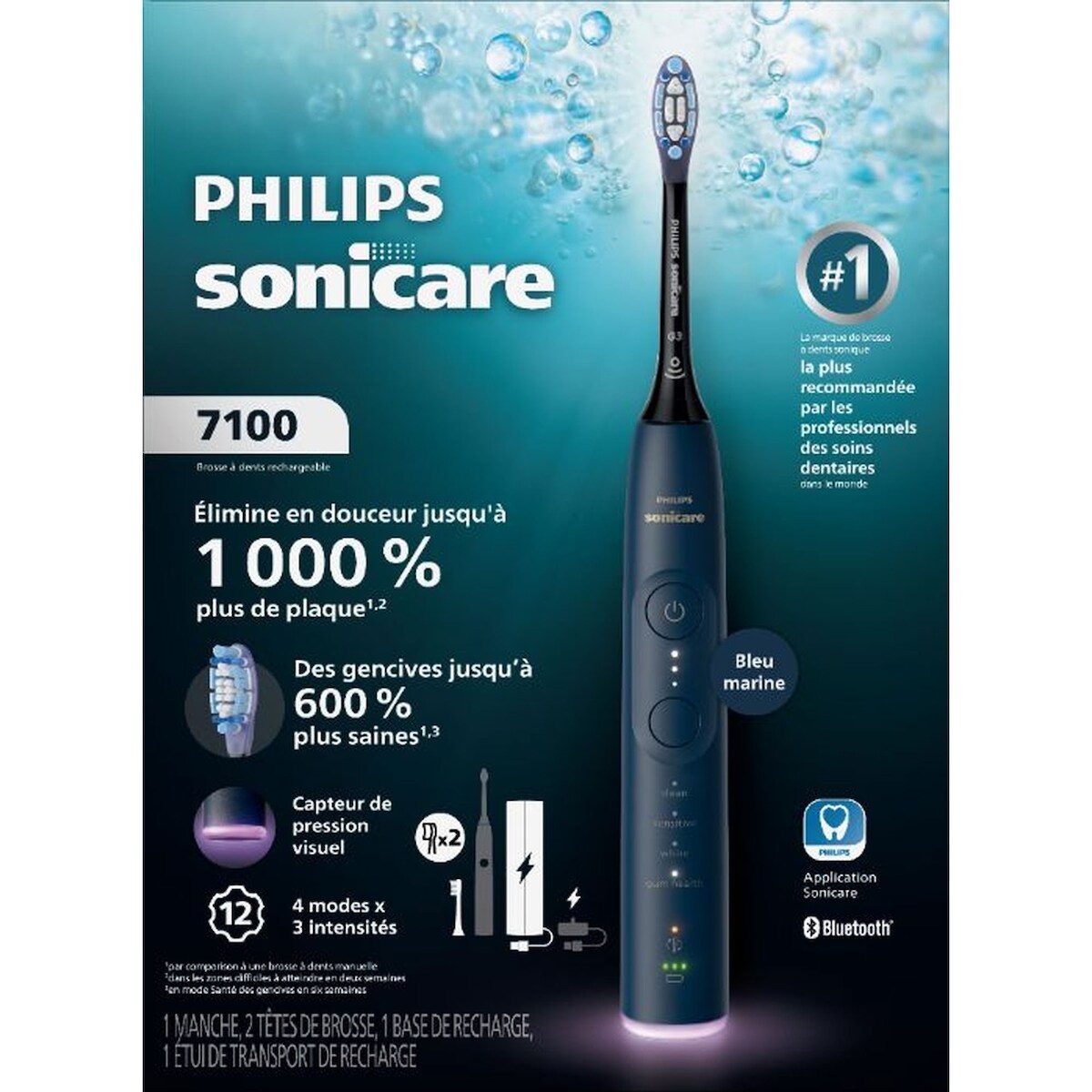 Brosse à dents électrique Philips Sonicare série 7100 – Technologie Sonicare de nouvelle génération, capteur de pression, 12 réglages de brossage, SmarTimer, BrushPacer, 21 jours d’autonomie, étui, bleu marine, HX7423/04