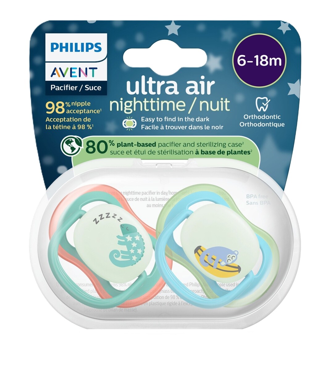 Ultra Air Lot De 2 TÉTines Nuit 6-18m, CamÉLÉOn / Singe Endormi, 2pk