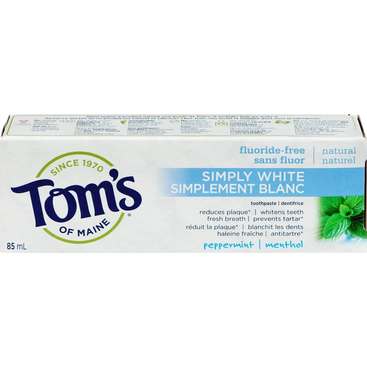 Simply White Dentifrice Naturel Sans Fluorure Menthe 85ML
