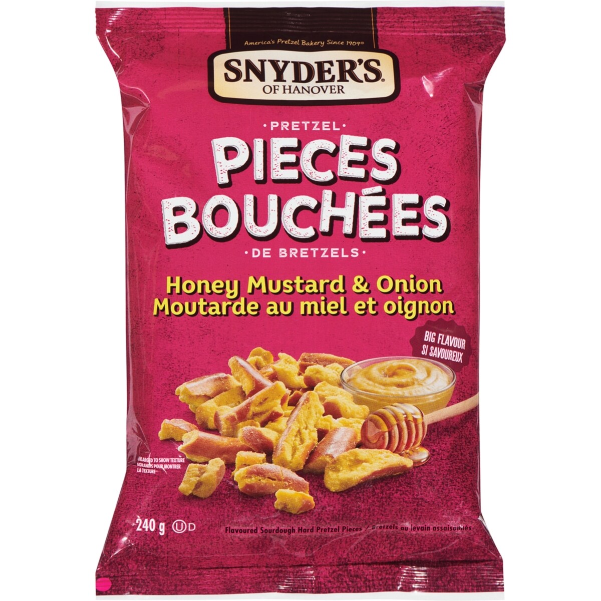 Morceaux de bretzels au goût de moutarde au miel et d’oignons