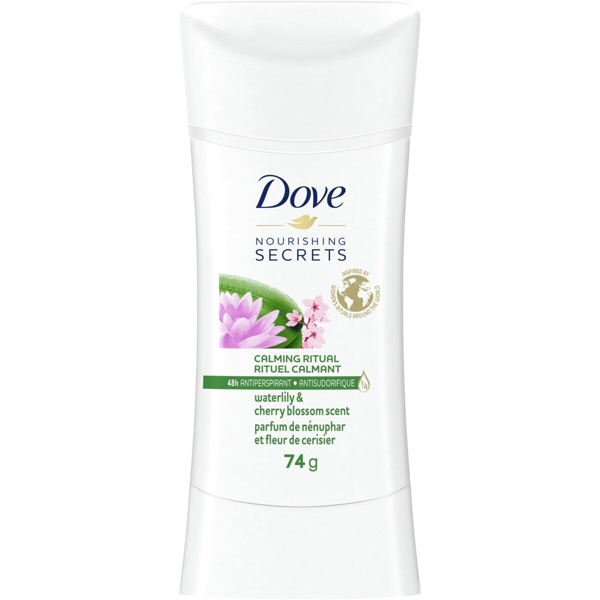 Antisudorifique en bâton pour femmes pour 48 h de protection contre la transpiration et des aisselles douces et confortables Nourishing Secrets Nénuphar et Fleur de Cerisier sans crauté 74 g
