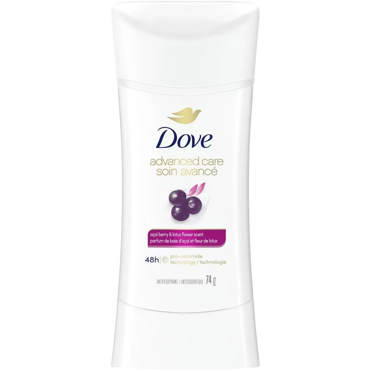 Antisudorifique en Bâton pour 48 h de protection contre la transpiration et les odeurs Dove Advanced Care Baie d'Açaï et Fleur de Lotus formule non irritante sans alcool éthanol