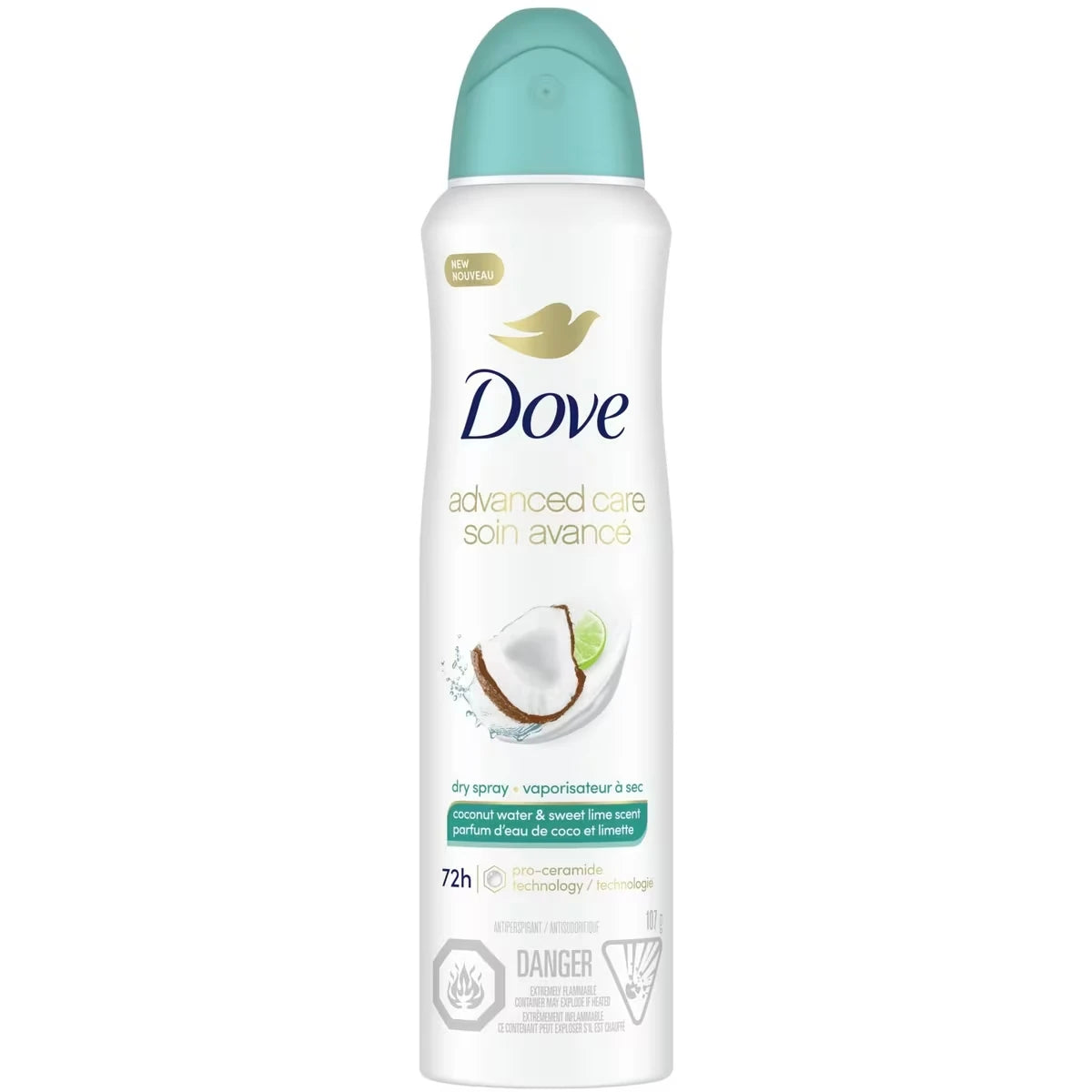 Antisudorifique 72 h parfum d'eau de coco et limette Dove Soin Avancé vaporisateur à sec pour femme avec 1/4 d'hydratants pour des aisselles douces et lisses