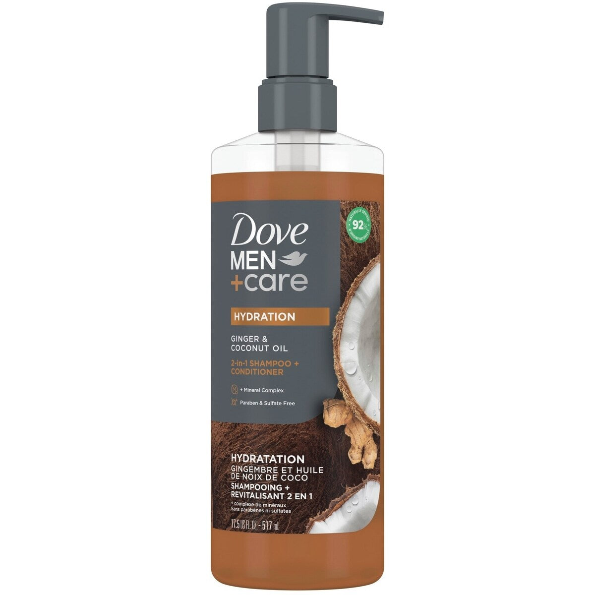 Shampooing + Revitalisant 2 en 1 avec nettoyants et hydratants à base de plantes Dove Men+Care Hydratation Gingembre et Huile de Noix de Coco pour des cheveux forts et d'apparence saine